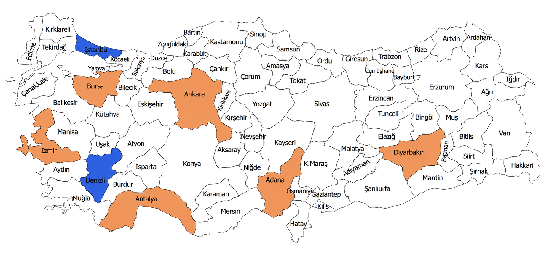 Türkiye haritasında uygulamada mevcut İstanbul ve Denizli mavi; yakında gelecek Bursa, Ankara, İzmir, Antalya, Adana ve Diyarbakır turuncu renkte gösteriliyor